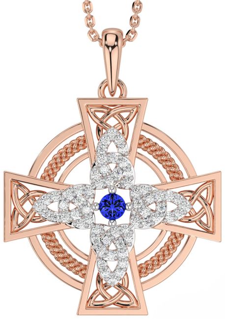 Large Diamond Sapphire Rose Gold Silver Celtic Cross Necklace