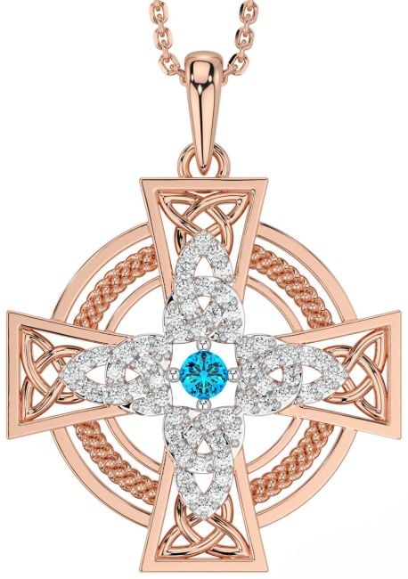 Large Diamond Topaz Rose Gold Silver Celtic Cross Necklace