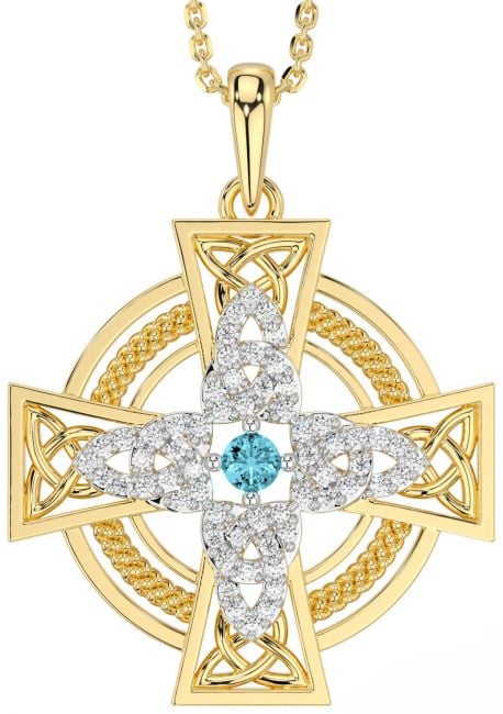 Large Diamond Aquamarine Gold Silver Celtic Cross Necklace