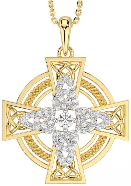 Large Diamond Gold Silver Celtic Cross Necklace