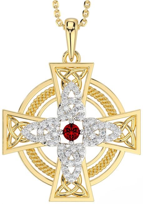 Large Diamond Garnet Gold Silver Celtic Cross Necklace