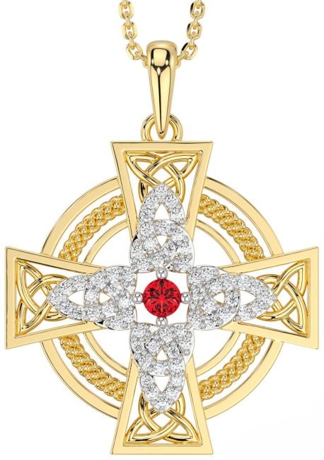 Large Diamond Ruby Gold Silver Celtic Cross Necklace