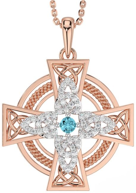 Large Diamond Aquamarine Rose Gold Celtic Cross Necklace