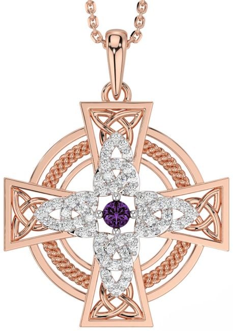 Large Diamond Alexandrite Rose Gold Celtic Cross Necklace