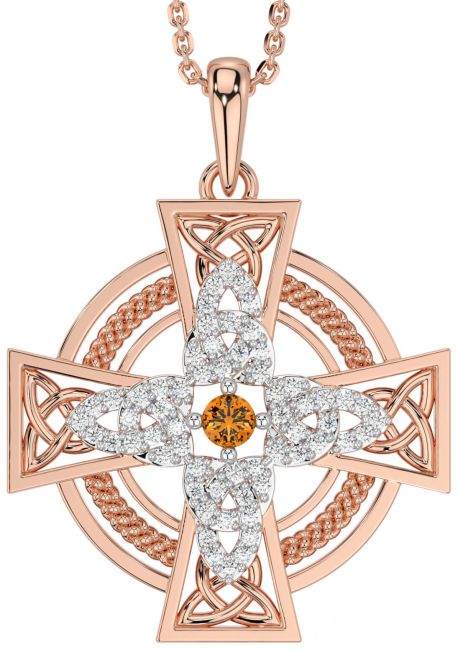 Large Diamond Citrine Rose Gold Celtic Cross Necklace