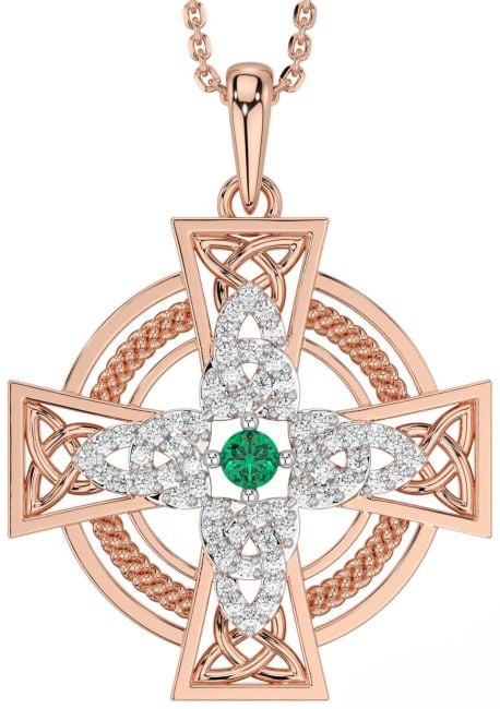 Large Diamond Emerald Rose Gold Celtic Cross Necklace