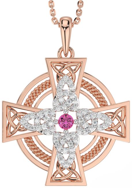 Large Diamond Pink Tourmaline Rose Gold Celtic Cross Necklace