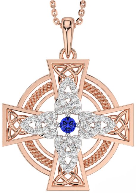 Large Diamond Sapphire Rose Gold Celtic Cross Necklace