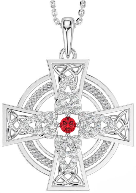 Large Diamond Ruby Silver Celtic Cross Necklace