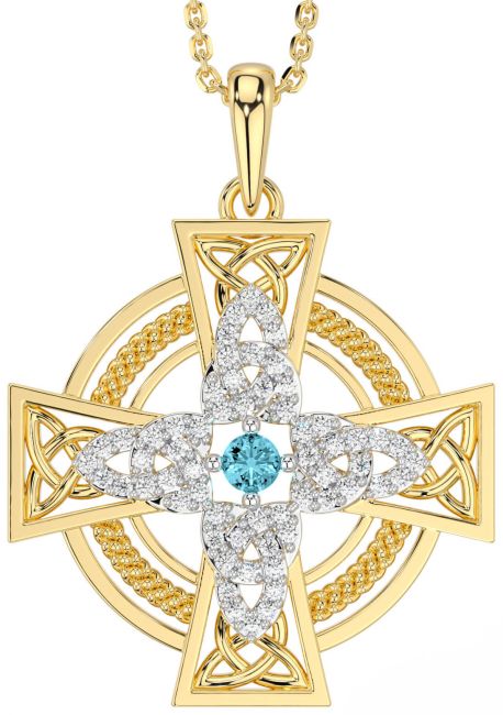 Large Diamond Aquamarine Gold Celtic Cross Necklace