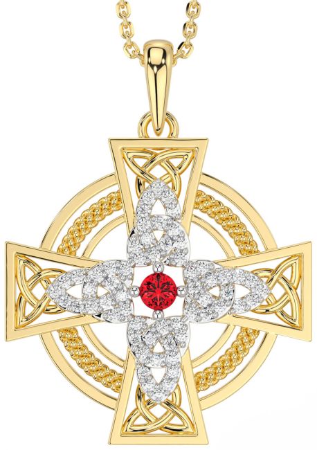 Large Diamond Ruby Gold Celtic Cross Necklace