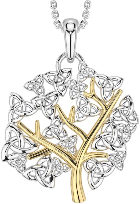 White Yellow Gold Celtic Tree of Life Trinity Knot Necklace