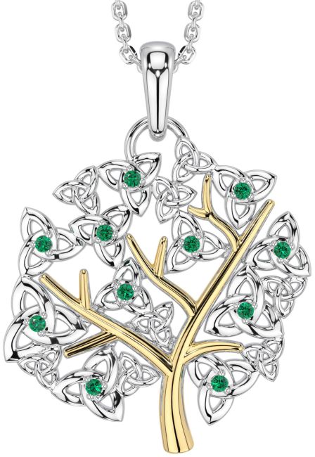 Emerald Gold Silver Celtic Tree of Life Trinity Knot Necklace