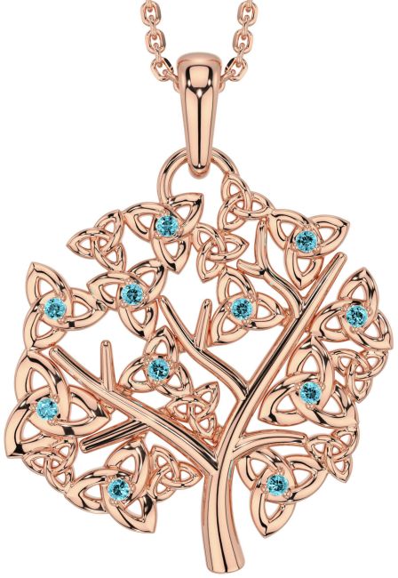 Aquamarine Rose Gold Silver Celtic Tree of Life Trinity Knot Necklace