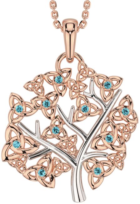 Aquamarine Rose Gold Silver Celtic Tree of Life Trinity Knot Necklace