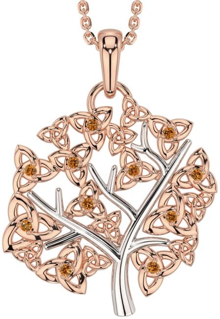 Citrine Rose Gold Silver Celtic Tree of Life Trinity Knot Necklace