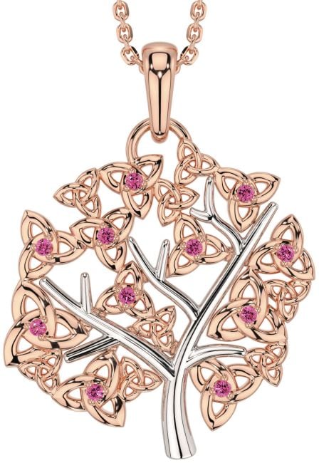 Pink Tourmaline White Rose Gold Celtic Tree of Life Trinity Knot Necklace