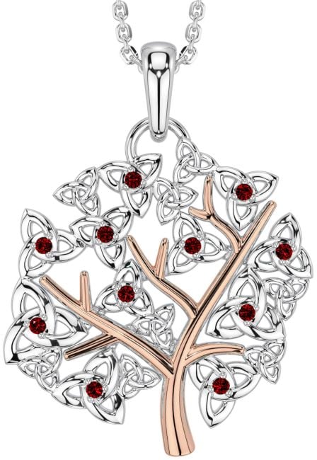 Garnet White Rose Gold Celtic Tree of Life Trinity Knot Necklace