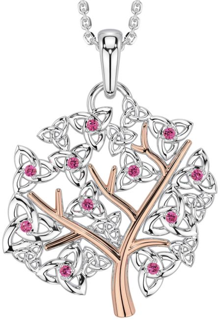 Pink Tourmaline White Rose Gold Celtic Tree of Life Trinity Knot Necklace