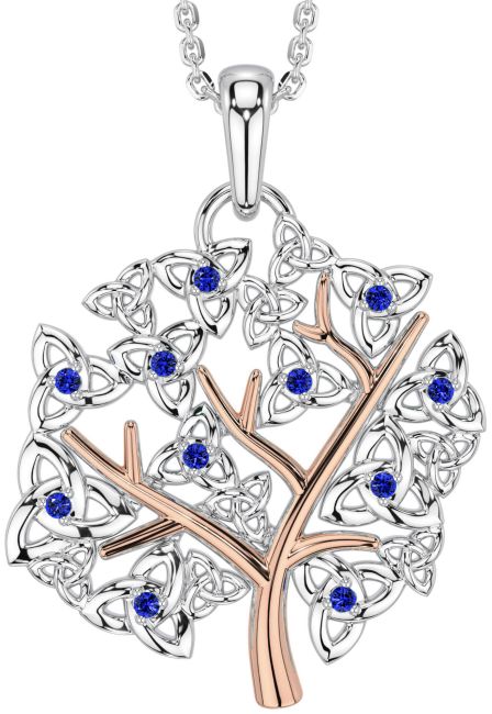Sapphire White Rose Gold Celtic Tree of Life Trinity Knot Necklace