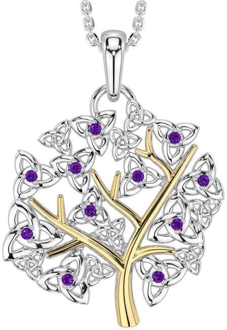 Amethyst White Yellow Gold Celtic Tree of Life Trinity Knot Necklace