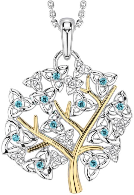 Aquamarine White Yellow Gold Celtic Tree of Life Trinity Knot Necklace