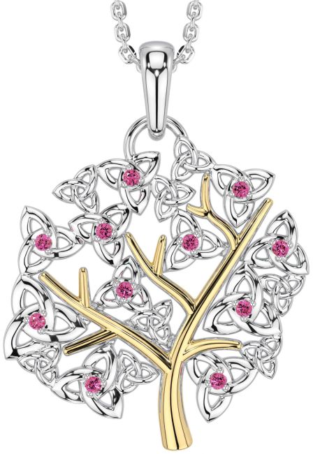 Pink Tourmaline White Yellow Gold Celtic Tree of Life Trinity Knot Necklace