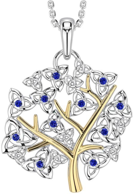 Sapphire White Yellow Gold Celtic Tree of Life Trinity Knot Necklace