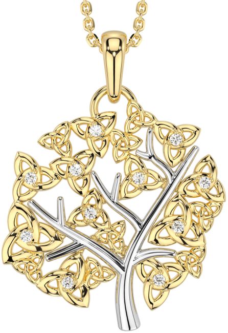 Diamond White Yellow Gold Celtic Tree of Life Trinity Knot Necklace
