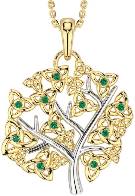 Emerald White Yellow Gold Celtic Tree of Life Trinity Knot Necklace