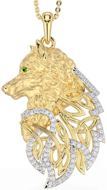 Diamond Peridot Gold Silver Celtic Wolf Necklace