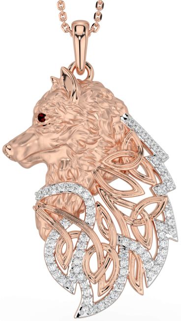 Diamond Garnet Rose Gold Celtic Wolf Necklace