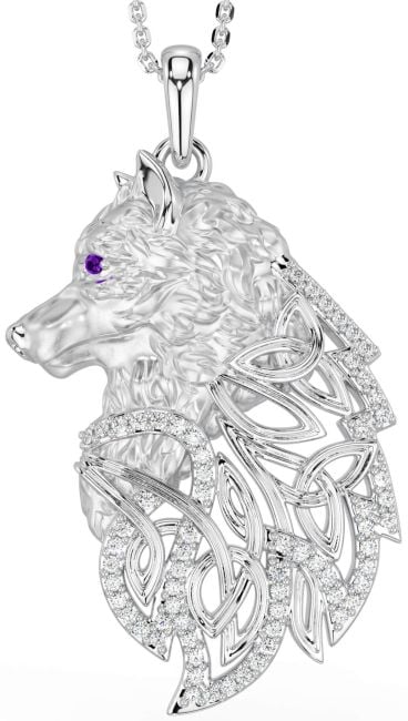 Diamond Amethyst Silver Celtic Wolf Necklace