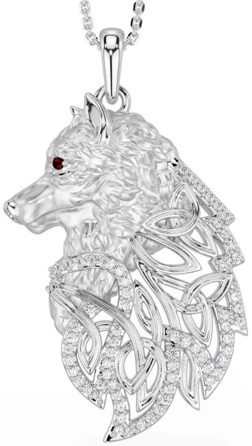 Diamond Garnet White Gold Celtic Wolf Necklace