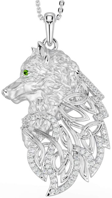 Diamond Peridot White Gold Celtic Wolf Necklace