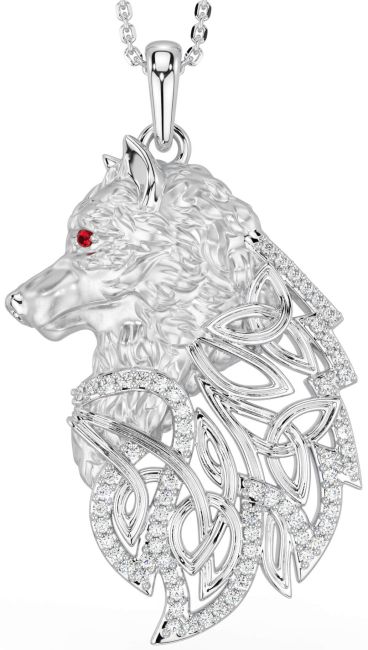 Diamond Ruby White Gold Celtic Wolf Necklace