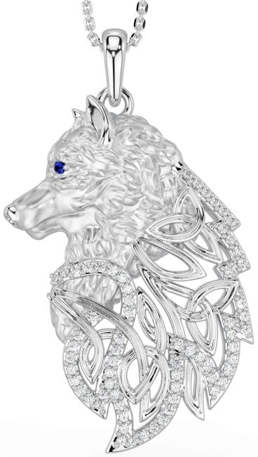 Diamond Sapphire White Gold Celtic Wolf Necklace