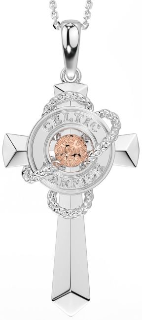 Large Rose Gold Silver Celtic Cross Warrior Necklace