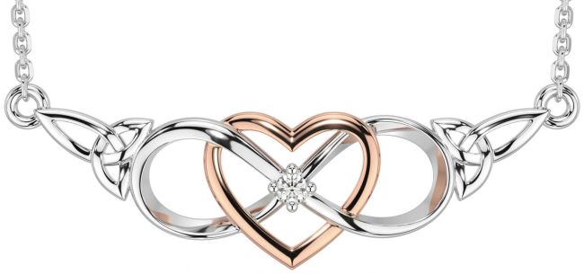Diamond White Rose Gold Celtic Infinity Heart Trinity Knot Necklace