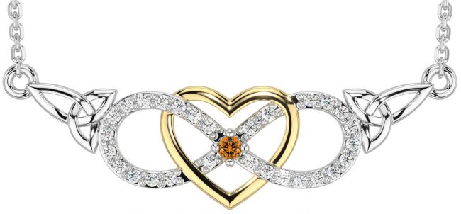 Diamond Citrine Gold Silver Celtic Infinity Heart Trinity Knot Necklace