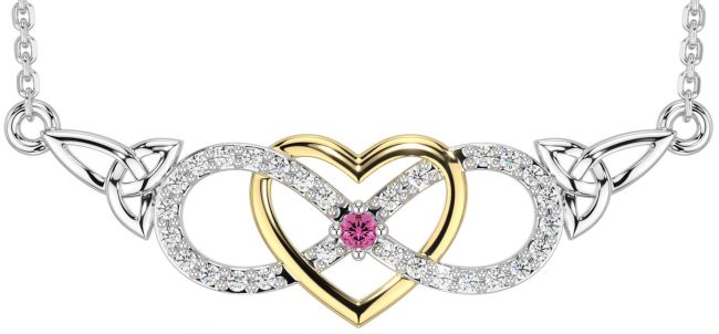 Diamond Pink Tourmaline Gold Silver Celtic Infinity Heart Trinity Knot Necklace