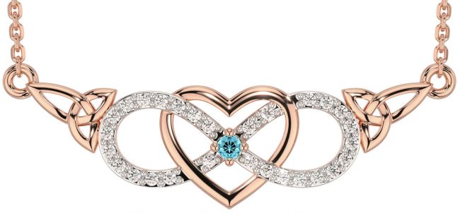 Diamond Aquamarine Rose Gold Celtic Infinity Heart Trinity Knot Necklace