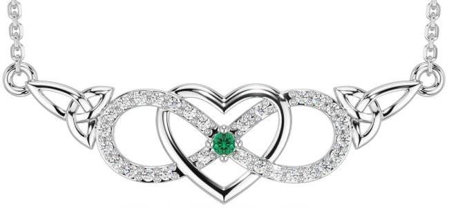 Diamond Emerald White Gold Celtic Infinity Heart Trinity Knot Necklace