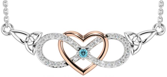 Diamond Aquamarine White Rose Gold Celtic Infinity Heart Trinity Knot Necklace