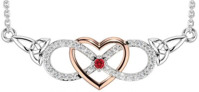 Diamond Ruby White Rose Gold Celtic Infinity Heart Trinity Knot Necklace