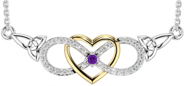 Diamond Amethyst White Yellow Gold Celtic Infinity Heart Trinity Knot Necklace