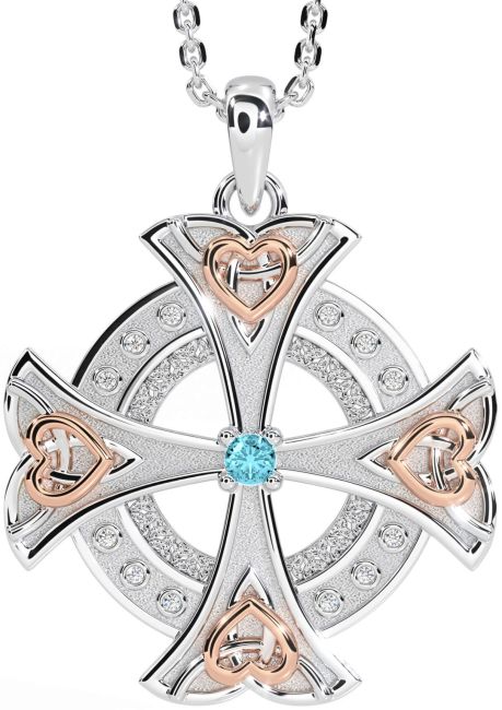 Diamond Aquamarine Rose Gold Silver Celtic Cross Heart Necklace