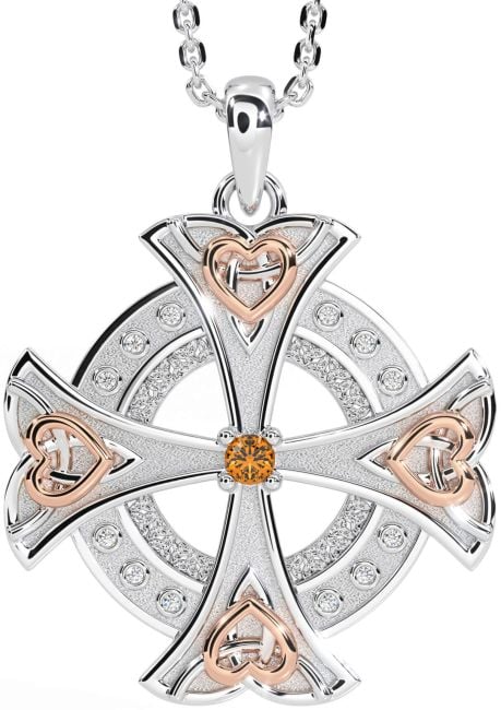 Diamond Citrine Rose Gold Silver Celtic Cross Heart Necklace