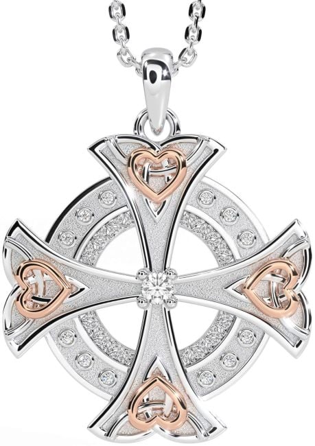 Diamond Rose Gold Silver Celtic Cross Heart Necklace