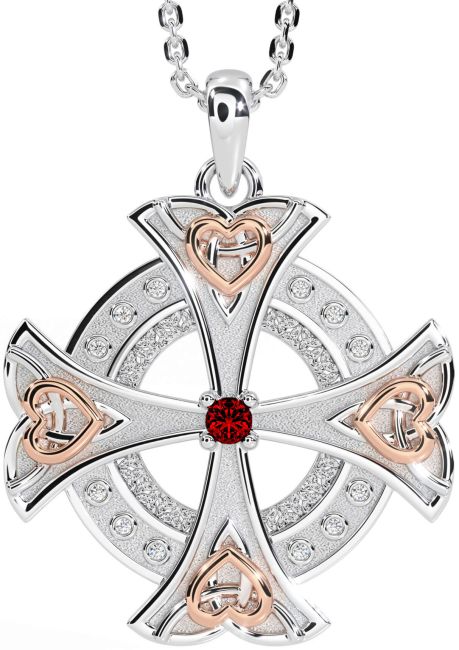 Diamond Garnet Rose Gold Silver Celtic Cross Heart Necklace